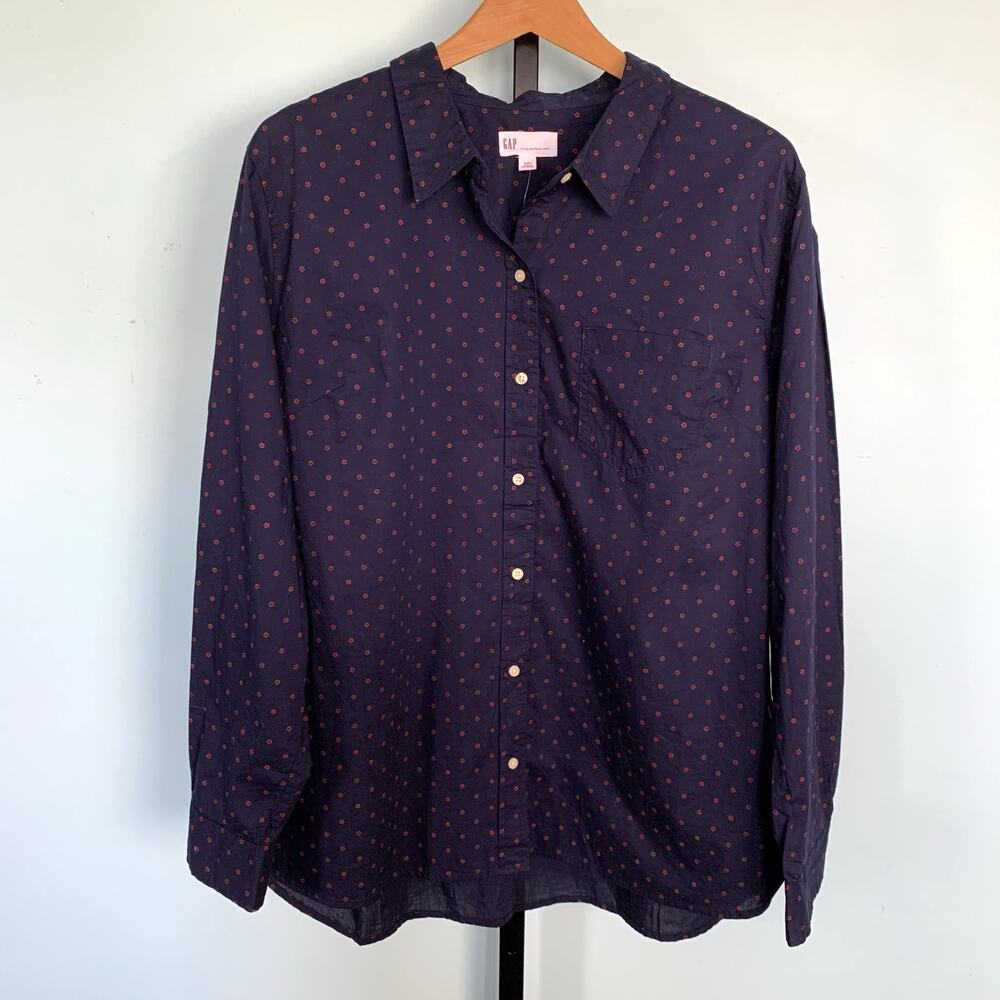 NWT GAP Navy Fitted Boyfriend Button Down with Red Flowers Size XXL - Picture 1 of 5